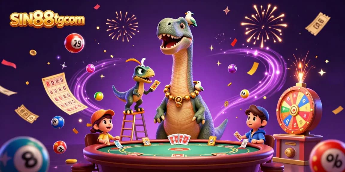 Join the lively gaming scene at SIN88tgcom with a giant brontosaurus and a clever raptor dealing cards.