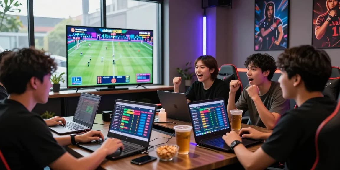 Friends enjoying sports betting on daftar raja328 platform in a lively lounge.