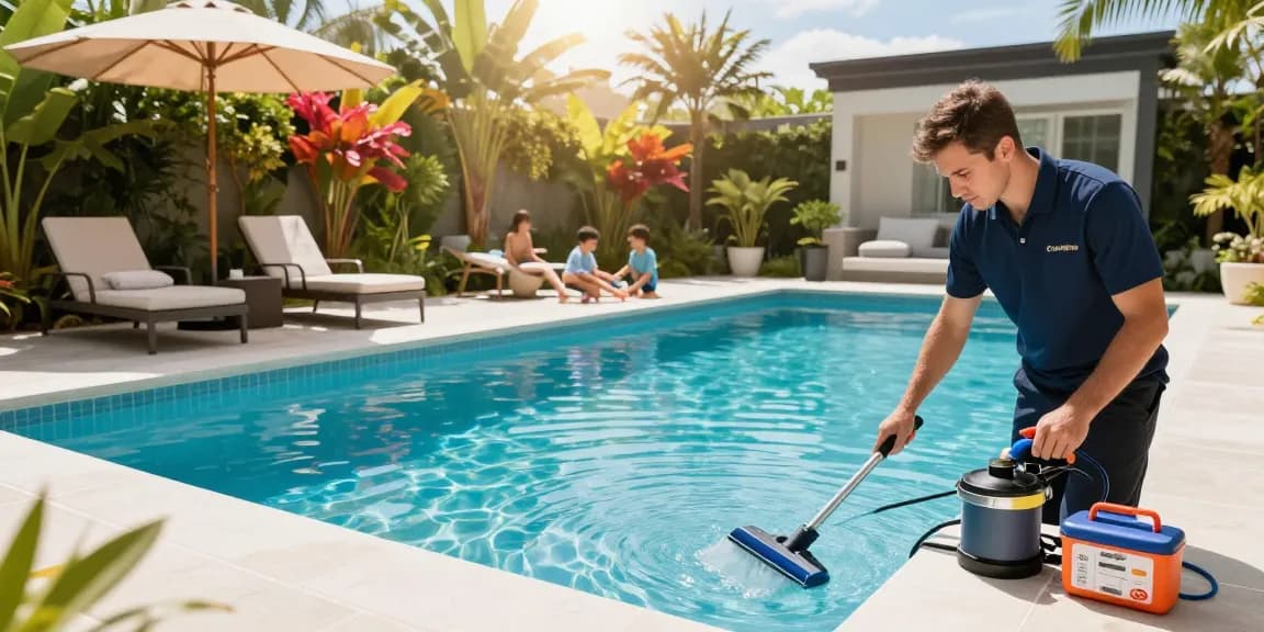 Professional pool service technician performing servis bazena in a luxurious backyard with a sparkling pool and vibrant plants.