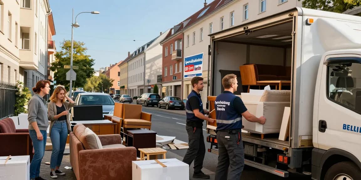 Sperrmüllabholung 80 Euro Berlin team efficiently clearing old furniture from a residential area with a truck in action.