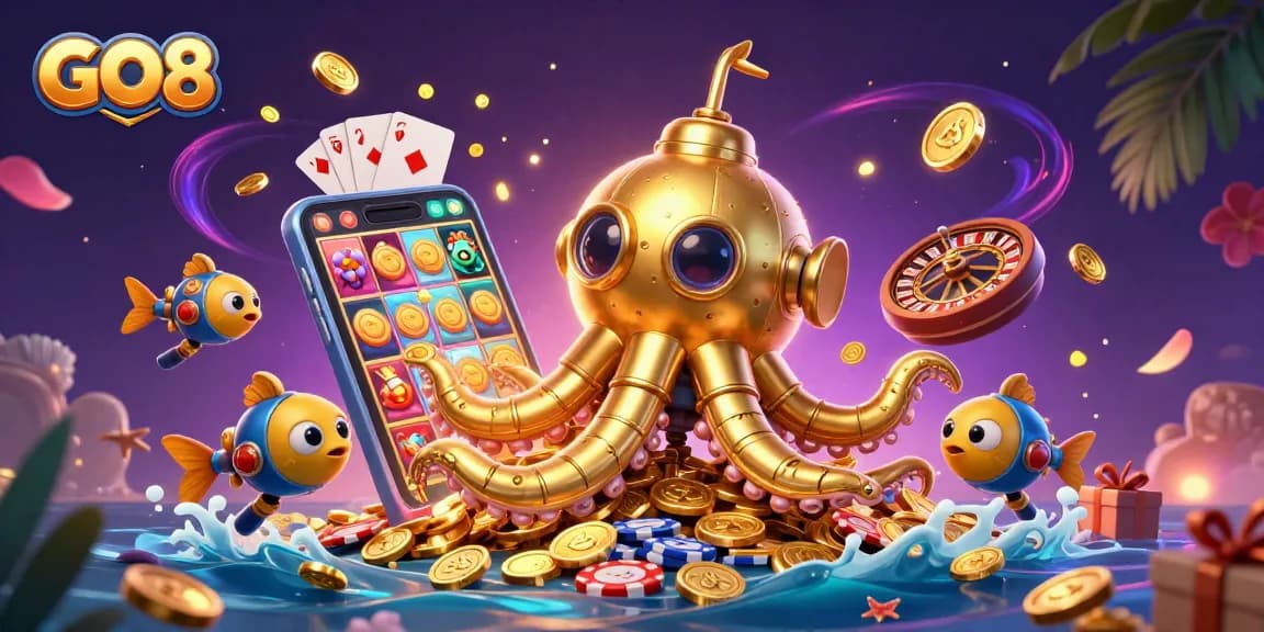Engage with GO8's thrilling casino atmosphere featuring a golden kraken and vibrant gaming elements.