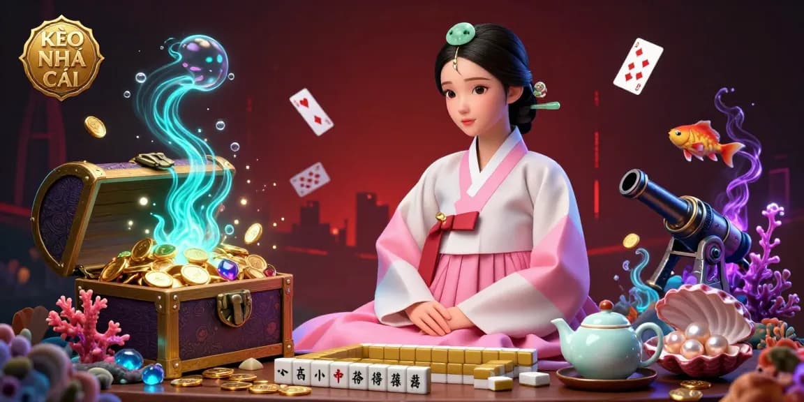 KÈO NHÀ CÁI showcases a serene Asian woman in hanbok among lively gambling elements like gold coins and playing cards.