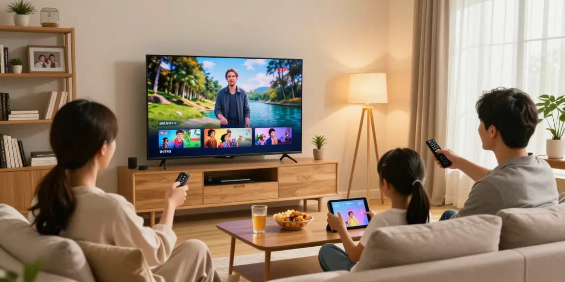 Famille profitant des services iptv belgique dans un salon confortable.