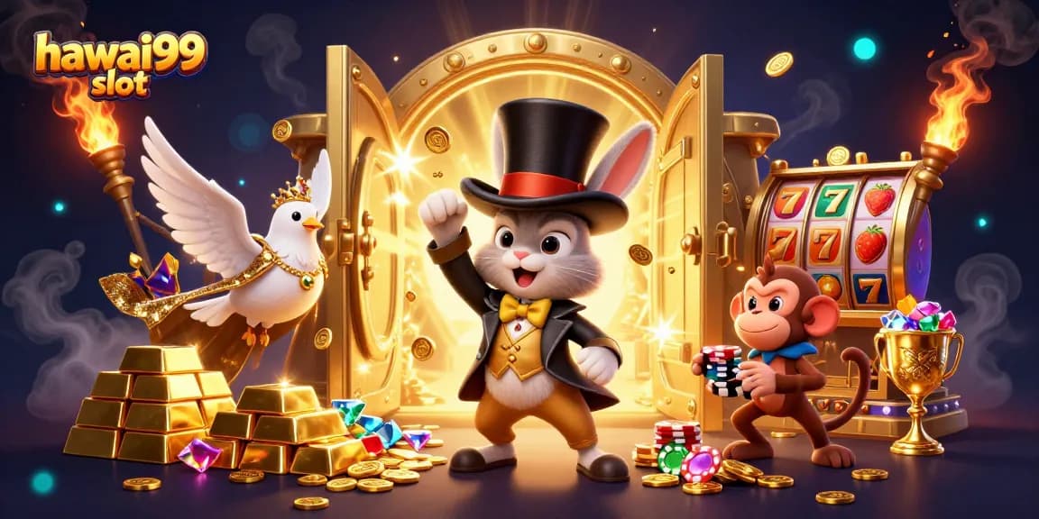 Join the action at hawai99 slot with a dynamic scene of a magician rabbit, dazzling dove, and cheeky monkey.