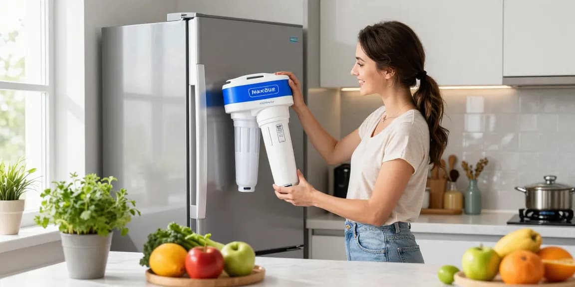 Replacing the Maxblue EDR3RXD1 Replacement for 4396841 filter in a bright kitchen to ensure clean drinking water.