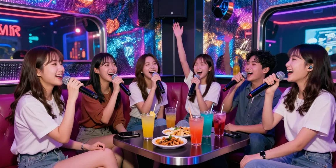 Friends having fun singing at 강남가라오케 in a vibrant karaoke lounge.