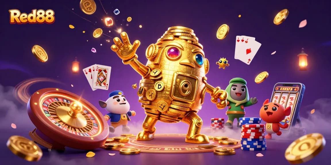 Experience the thrill of Red88 with dynamic golden golem and casino elements in a vibrant scene.