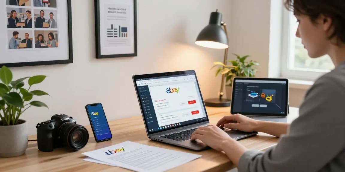 Buy eBay accounts from the comfort of your home office, showcasing a modern workspace with digital devices.