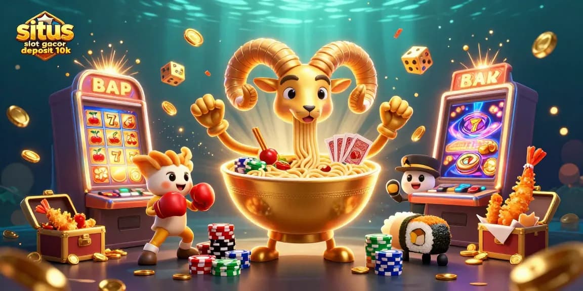 Situs slot gacor deposit 10k images showcasing a vibrant 3D illustration featuring a golden ramen bowl dealer, surrounded by dazzling casino elements.