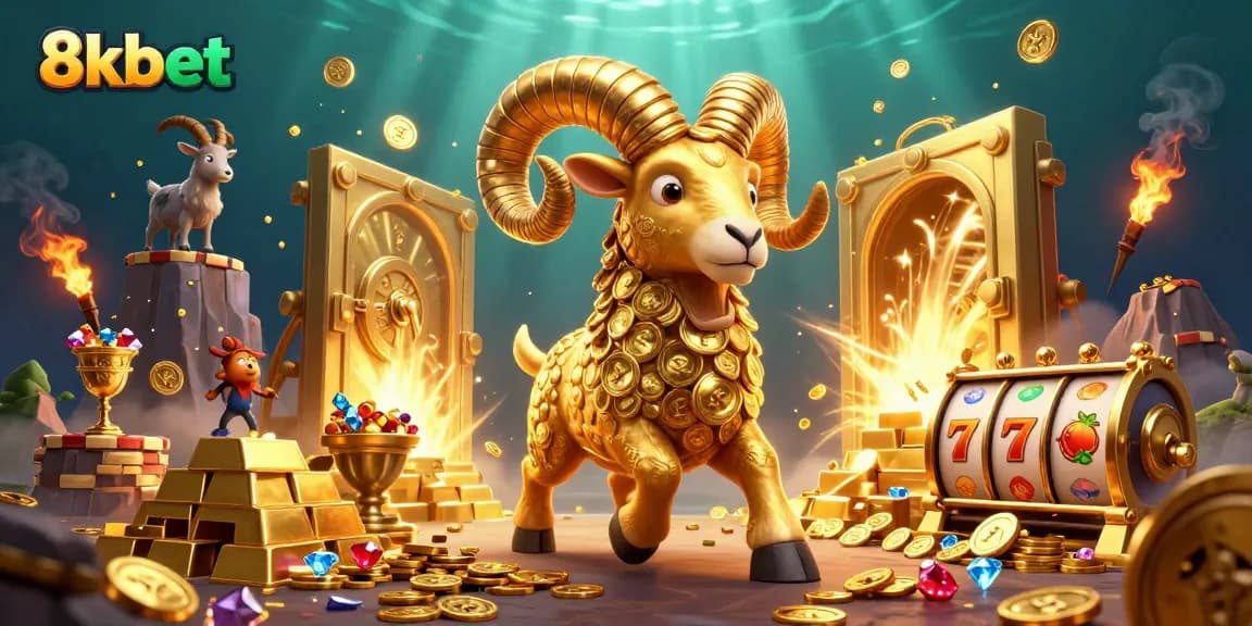 Experience the excitement of 8kbet with the golden ram charging through a treasure-filled casino.