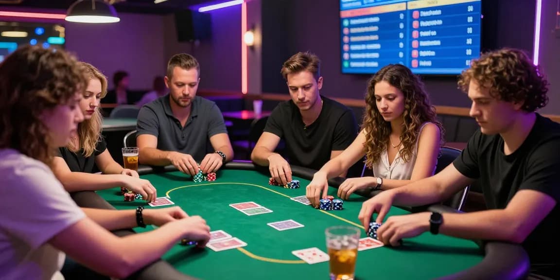 Exciting poker night scene featuring players at a poker table, showcasing Poker Idn Terpercaya, competitive atmosphere, and vibrant lounge setting.