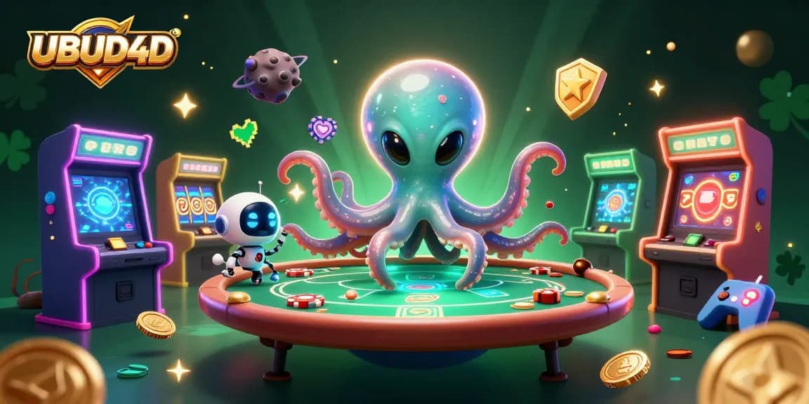 Join the fun at UBUD4D with an alien octopus at a dynamic poker table amidst exciting gaming elements.