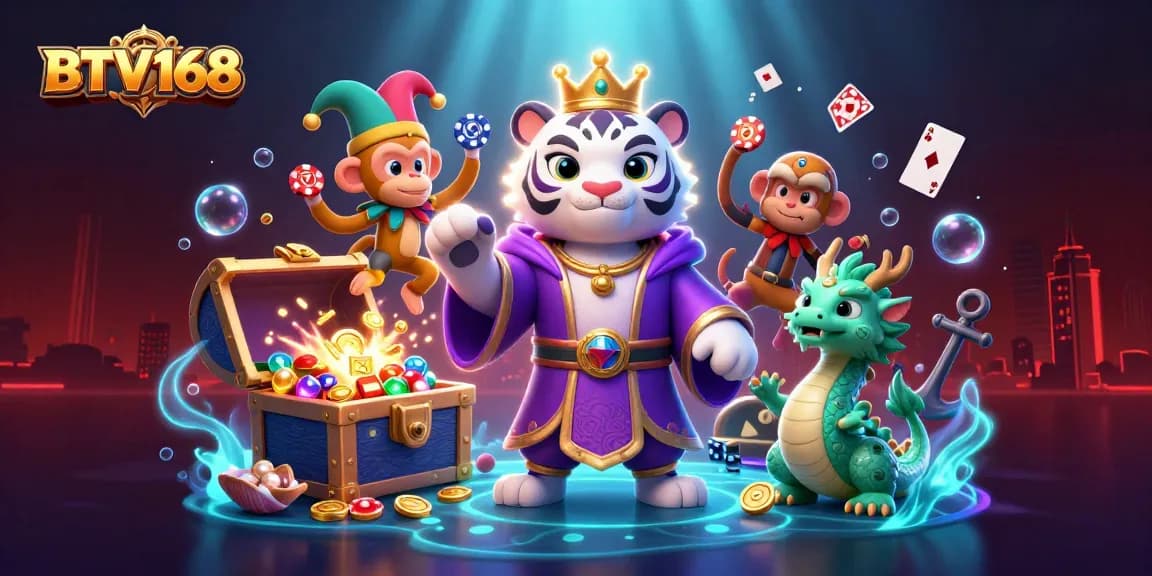 Engage with BTV168 at an exciting casino scene featuring vibrant characters and dynamic gaming elements.