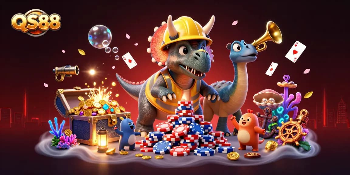 Experience the excitement at QS88 with a lively illustration of a triceratops building poker chips among vibrant casino elements.