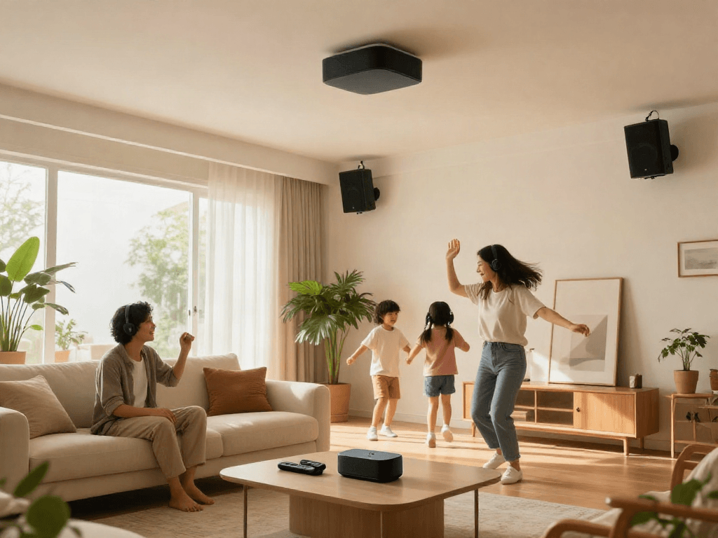 خرید اسپیکر سقفی in a cozy living room with family enjoying music together, showcasing stylish ceiling speaker integration.