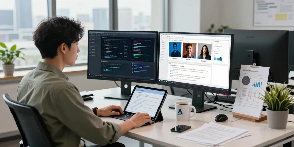 Detect AI image in a modern workspace with dual monitors showcasing content moderation algorithms and dashboards.