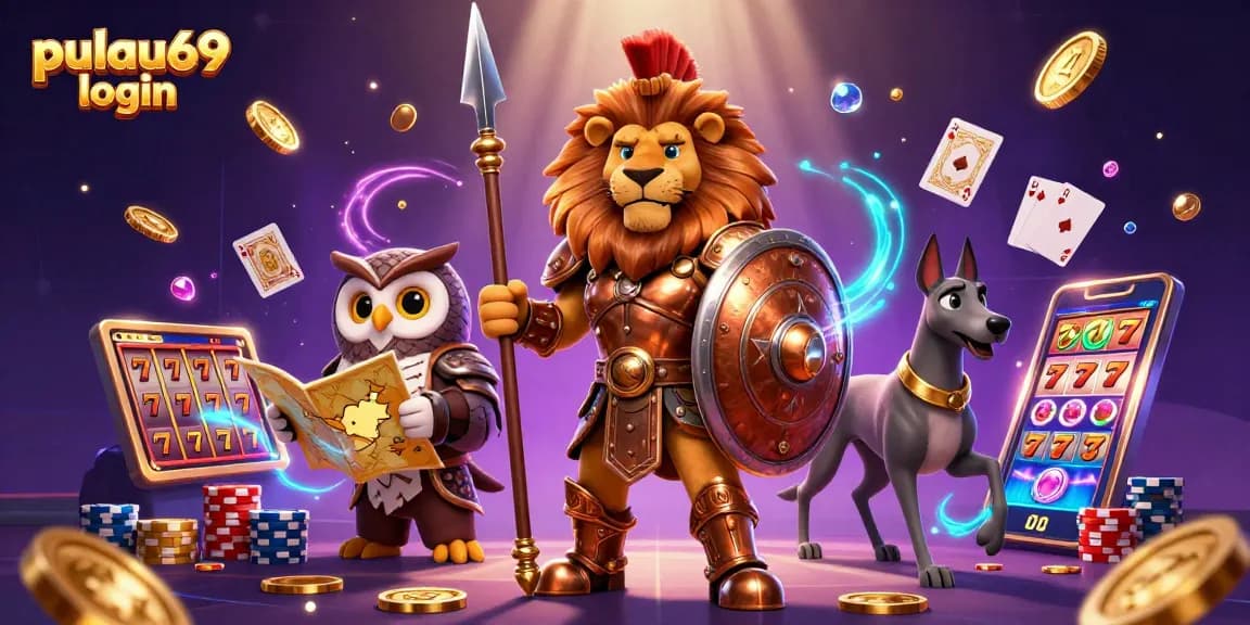 Engage in thrilling gaming with pulau69 login, featuring vibrant 3D casino elements and characters.