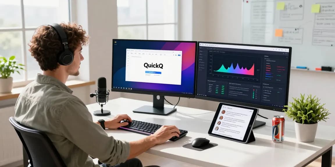开发者在现代工作空间中展示QuickQ VPN应用程序，配有多个显示器和生动的网络分析