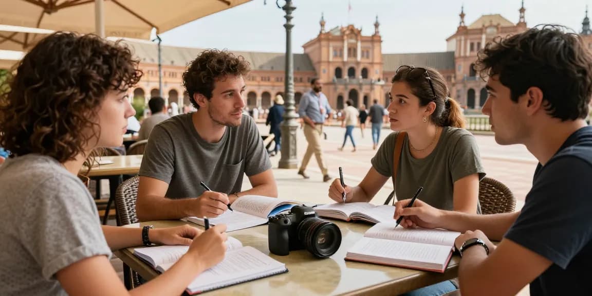 Teilnahme an Spanischkursen in Spanien in einem lebhaften Café mit Kommilitonen und Lehrbüchern.