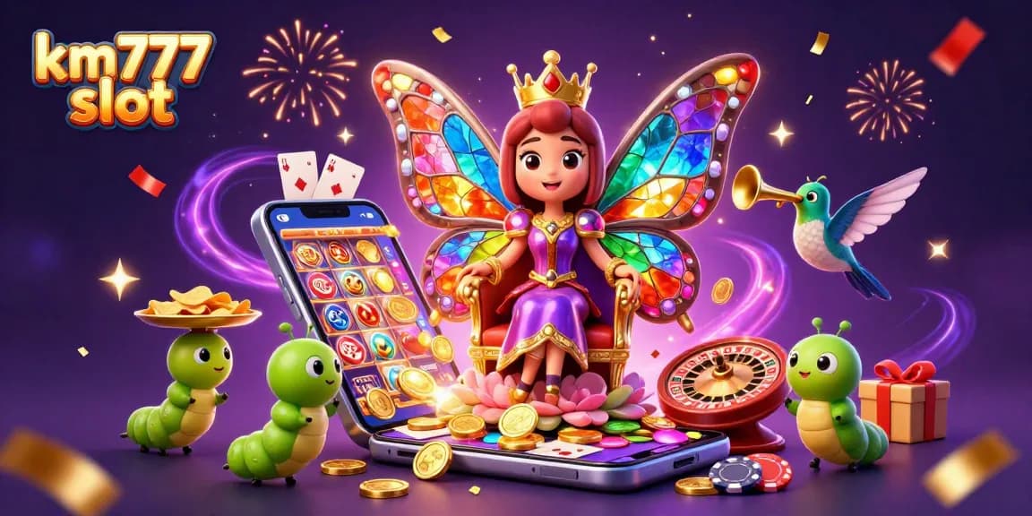 Engage with km777 slot's thrilling adventures featuring a whimsical butterfly queen and vibrant casino elements.