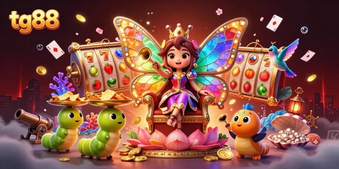Experience thrilling gaming with tg88 as a vibrant butterfly queen presides over a bustling casino kingdom.
