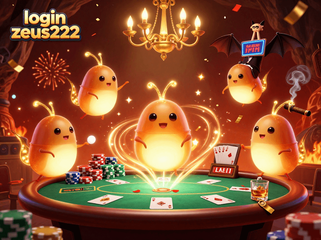 Experience the thrilling ambiance of login zeus222 in this vibrant casino scene with glowing characters and poker elements.