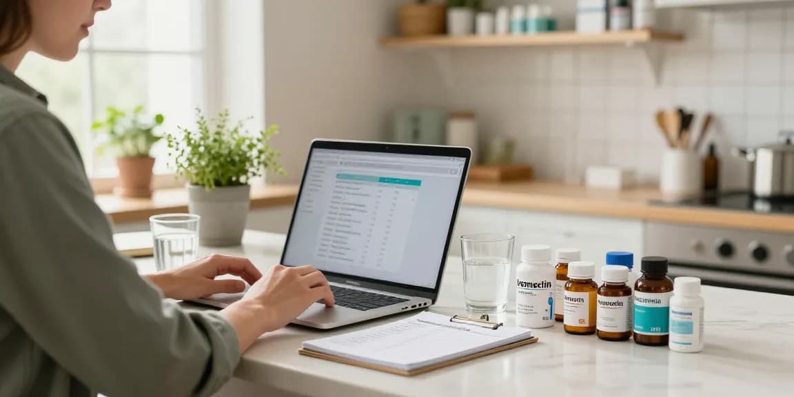 Ivermectin dosage for humans in a cozy home pharmacy setting with medication, laptop, and dosage notes.