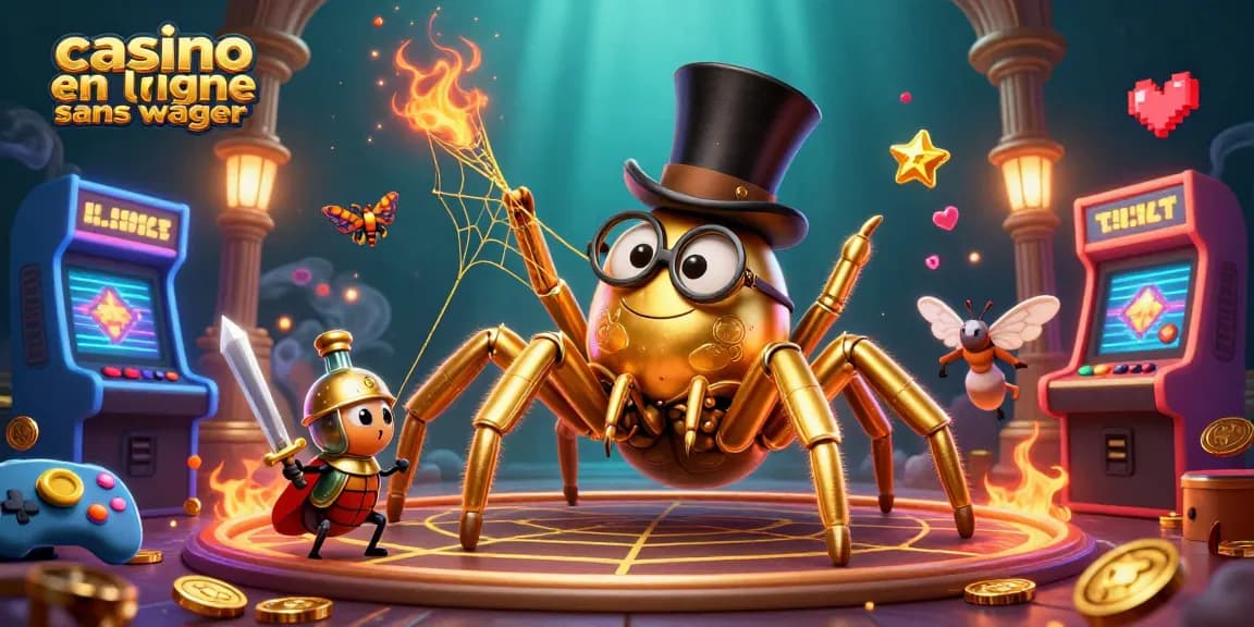 Plongez dans l'univers du casino en ligne sans wager avec une araignée dorée et un chevalier scarabée.