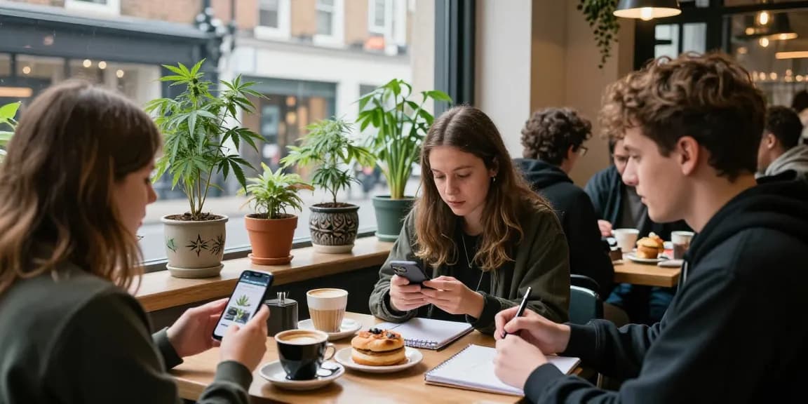 How Do People Buy Top Quality Cannabis In The UK? – Approved Guide showing a friendly coffee shop scene with young adults discussing cannabis.