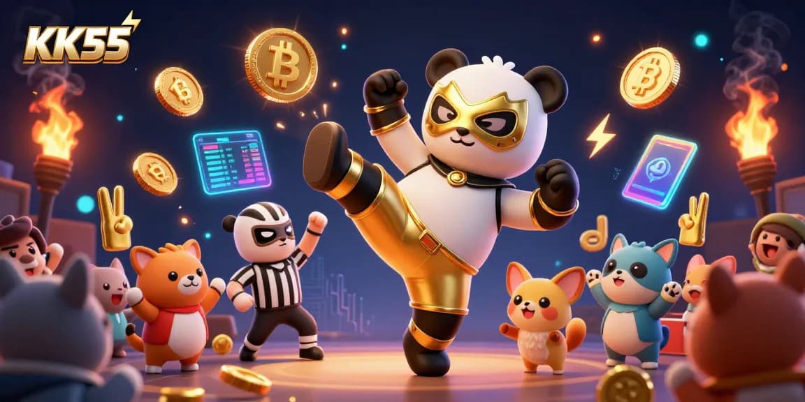 Experience thrilling action at KK55 with a cartoon panda wrestler kicking amidst bright crypto elements.