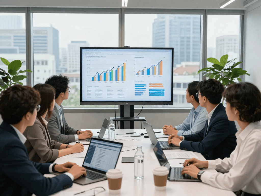 Team analyzing slot 10k real estate market trends in a modern office.