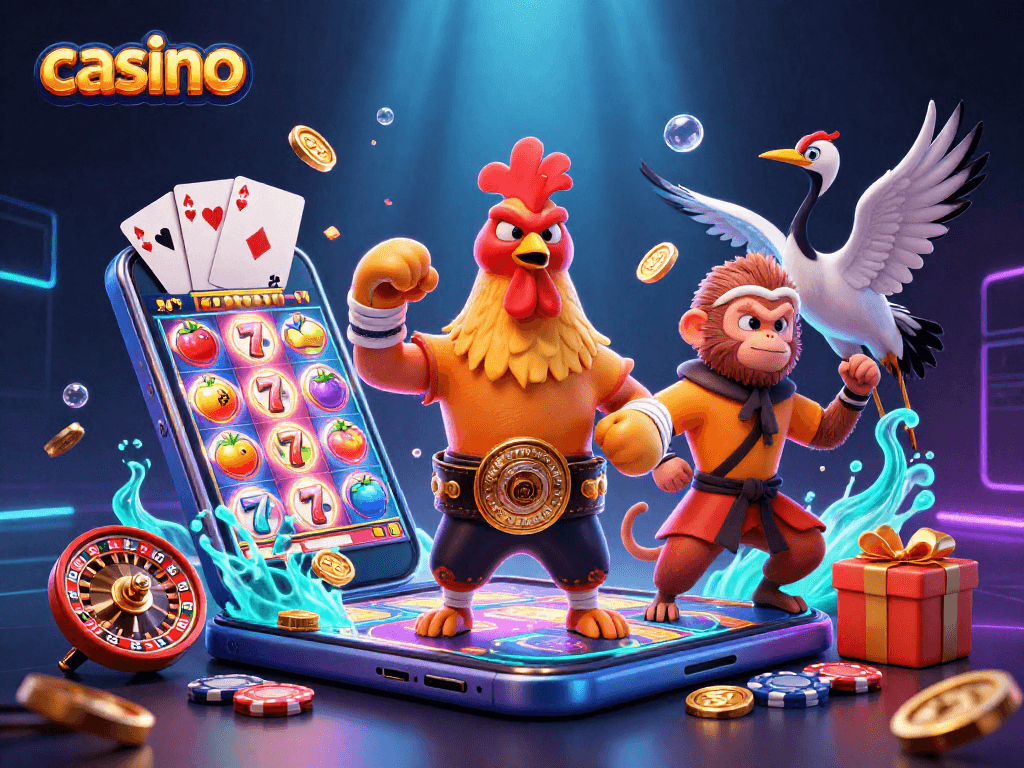 Engage in the thrilling casino experience with colorful characters and game elements.