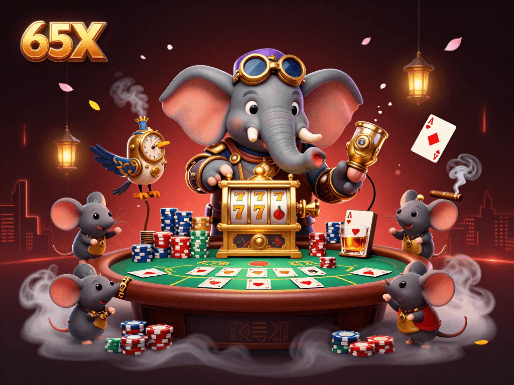 Aposte e ganhe com 65X em um cassino ultra-detalhado, cheio de cartas e fichas.