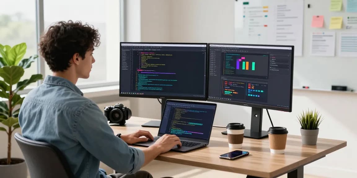 Developer using Snipaste in a modern tech workspace with dual monitors and vibrant code.