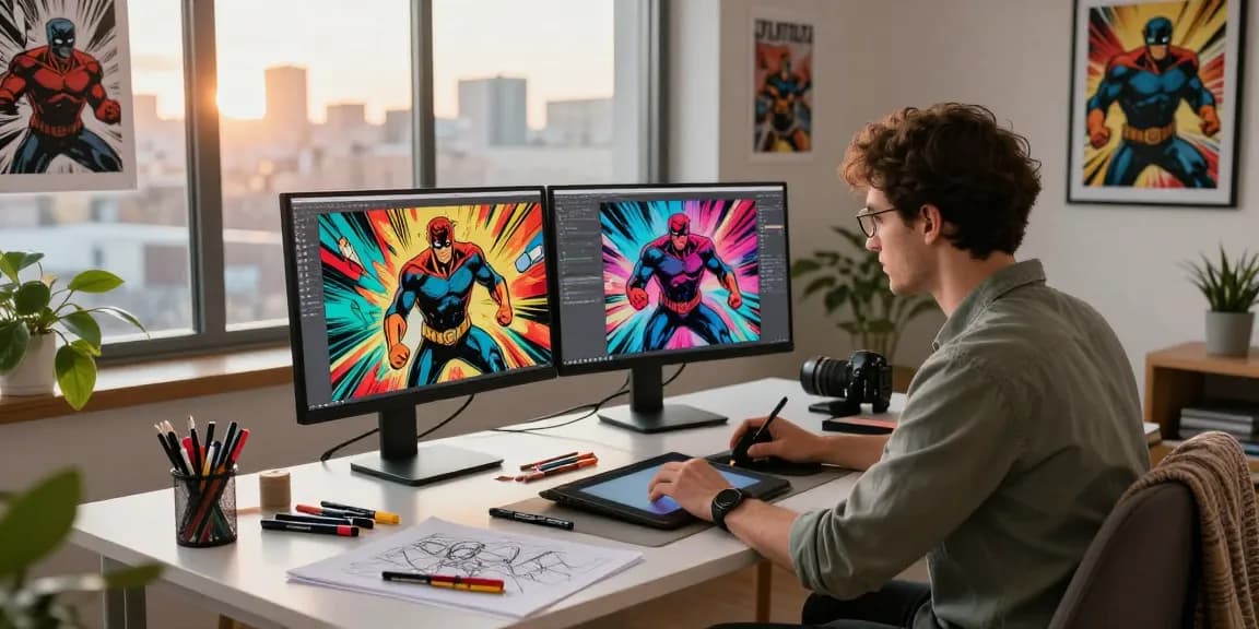 Creative workspace featuring dynamic superhero illustrations, showcasing batmanloyal.com design capabilities