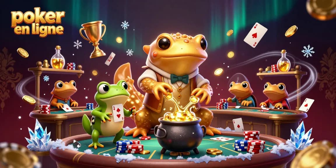 Jouez au poker en ligne avec une illustration dynamique représentant des alchimistes et des éléments de casino.