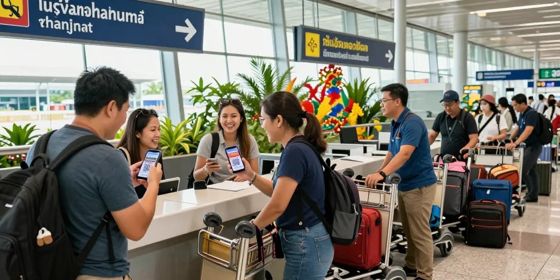 Travelers showing their tdac Thailand QR codes at Suvarnabhumi Airport.