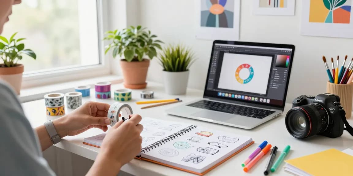 Designing custom washi tape in a bright workspace with colorful tools and vibrant decor.