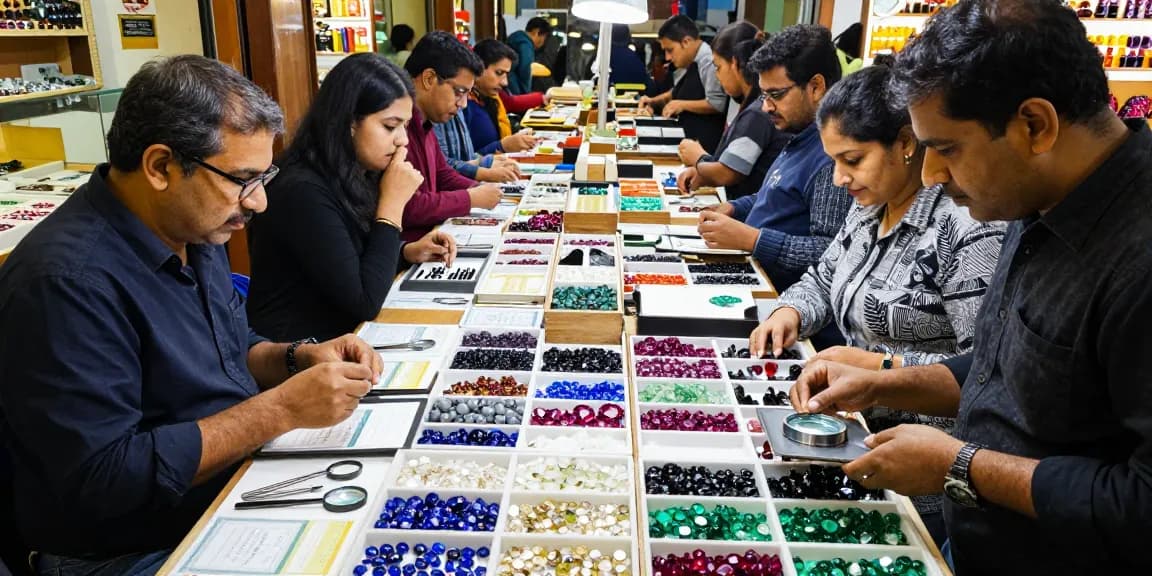 Explore gemstones at https://www.mygemspot.com in a lively marketplace filled with colorful displays and engaging merchants.