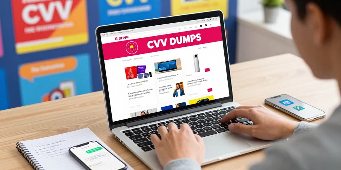 Shopping in a dumps shop online, featuring a laptop display of CVV dumps with vibrant product thumbnails and security tips.