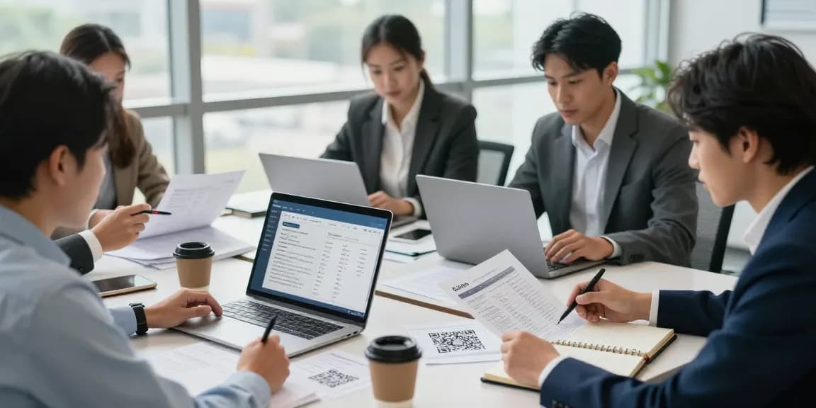 Verify financial transactions with เช็คสลิปปลอม in a modern office setting, showcasing a team analyzing documents and software.