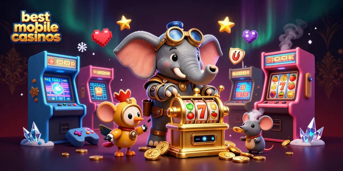 Experience the excitement at the best mobile casinos featuring a steampunk elephant and vibrant gaming elements.