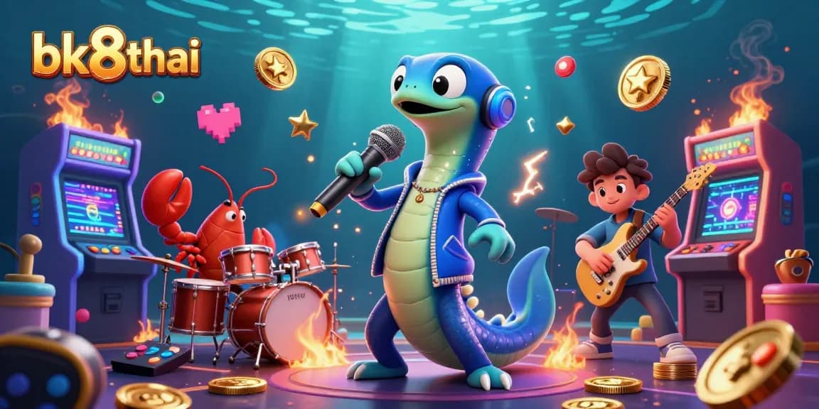 Experience the thrill of bk8thai with an electric eel DJ and vibrant casino elements.