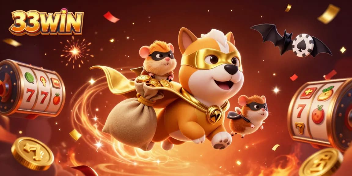 Experience thrilling fun with 33WIN as a superhero dog and hamster soar over a vibrant casino scene.
