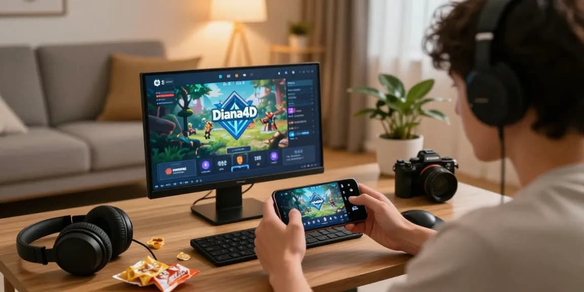 Pengguna menjalankan aplikasi diana4d dalam suasana santai dengan aksesori permainan di sekitarnya.