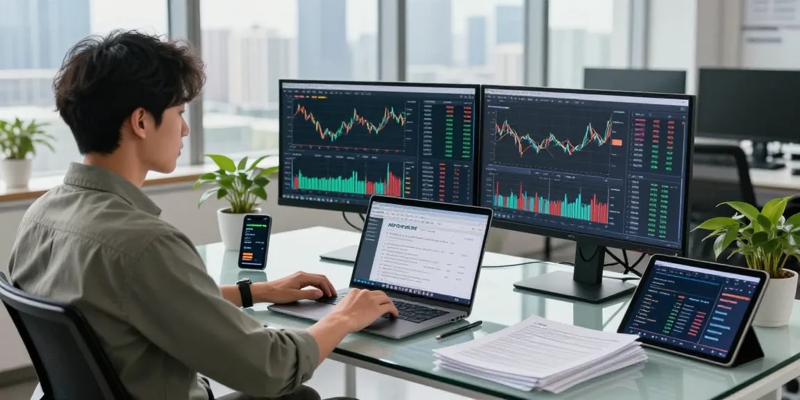 Real-time financial data analysis with European blue chip stock API integration in a modern office.