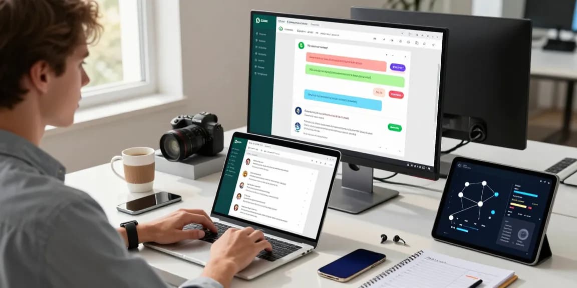 Professional workspace with WhatsApp網頁版 open on laptop, showcasing effective messaging.