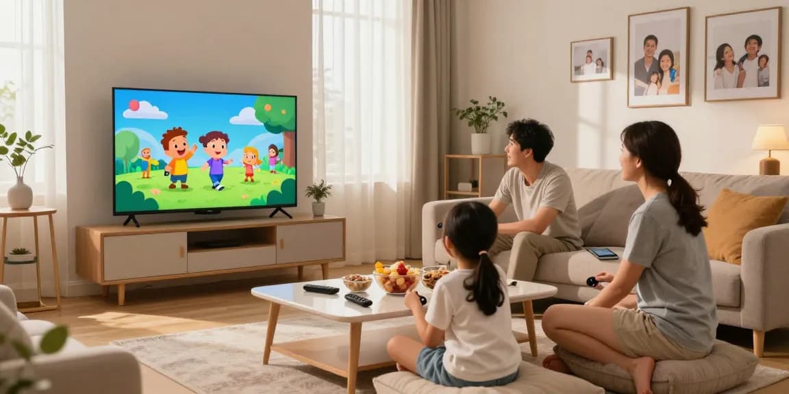 Family enjoying IPTV together in a cozy living room, highlighting the flexibility of IPTV streaming.