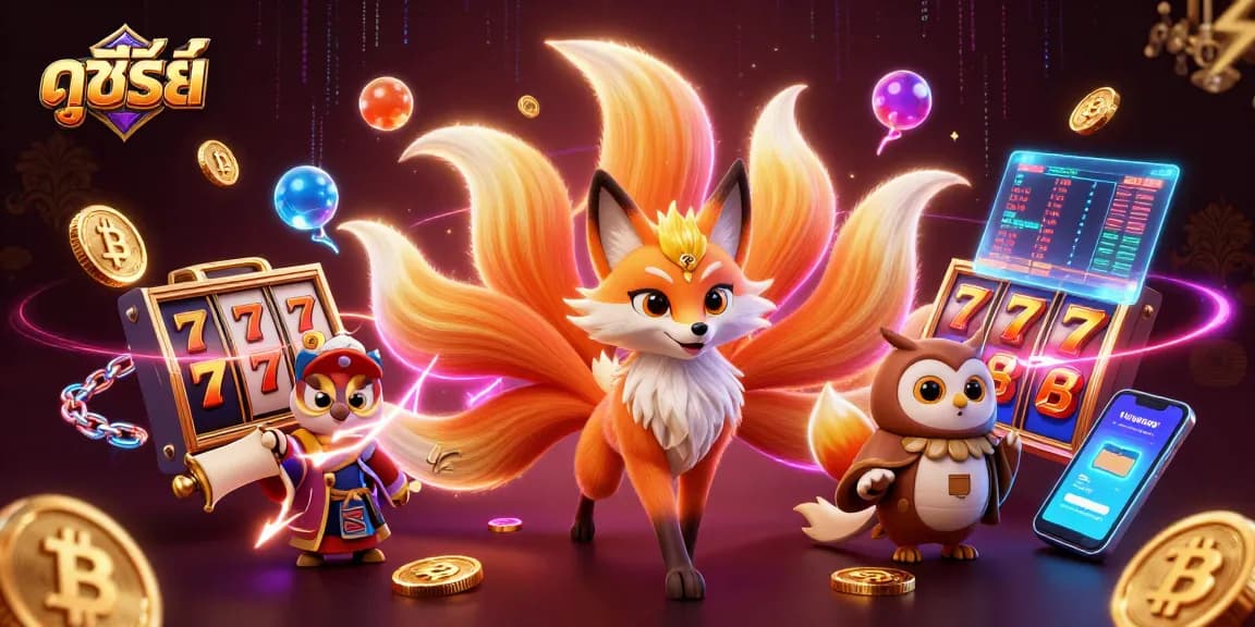 Experience ดูซีรี่ย์ with vibrant cartoon characters amidst a casino-themed backdrop featuring glowing gaming elements.