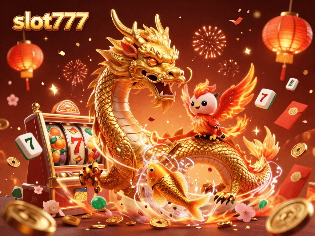 Play and win at slot777 with a vibrant dragon and phoenix amidst dynamic game elements.